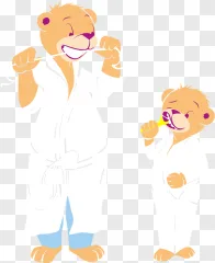 Two cute cartoon bears wearing white bathrobes are flossing and brushing their teeth on a transparent background.