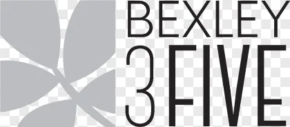 Bexley 3 Five monochrome logo with a floral icon on a transparent background.