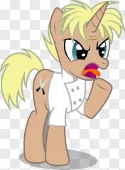 A blonde unicorn chef with a scissors tattoo on a transparent background.