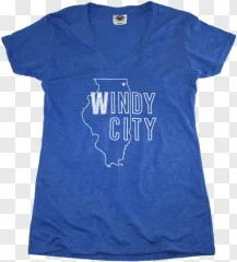 A blue t shirt with a windy city illinois graphic on a transparent background.