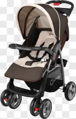 A brown and beige stroller with a canopy and wheels on a transparent background.