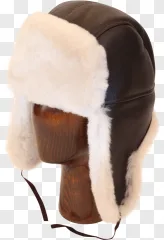 A brown leather aviator hat with white fur trim on a transparent background.