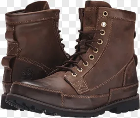 A pair of brown leather boots on a transparent background.