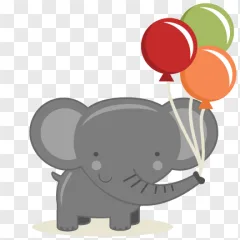 Cute cartoon elephant holding colorful balloons on a transparent background.