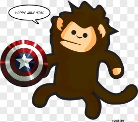 A cartoon monkey holding a Captain America shield with a July 4th speech bubble on a transparent background.