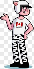 A cartoon pig wearing a white t-shirt with a Canadian flag and the word bacon on a transparent background.
