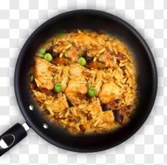 Chicken biryani in a frying pan on a transparent background.