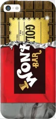 A chocolate bar phone case with a golden ticket on a transparent background.