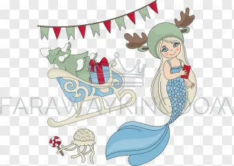 A cute cartoon mermaid in a reindeer hat standing next to a reindeer sleigh on a transparent background.