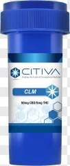 A blue Citiva medical cannabis pill bottle shown on a transparent background.