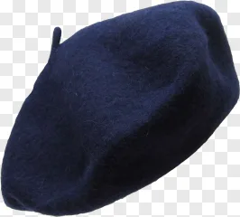 A classic blue wool beret hat is shown on a transparent background.