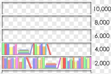 A white bookshelf filled with colorful books on a transparent background.