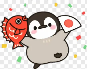 A cute penguin celebrating with a red fish and flag on a transparent background.