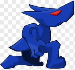 A dark blue cartoon character kneeling on a transparent background.