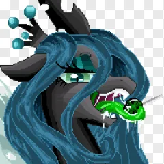 A dark unicorn with blue hair eating a green snake in pixel art style on a transparent background.