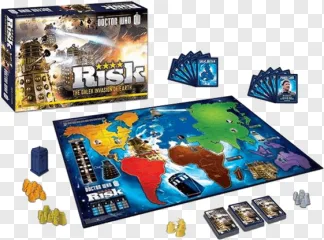 Doctor Who Risk board game set with world map on a transparent background.