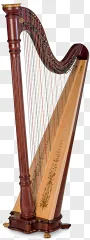 An elegant brown wooden classical concert harp on a transparent background.