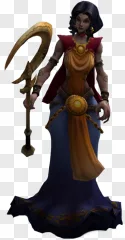 Fantasy sorceress holding a giant scythe weapon on a transparent background.