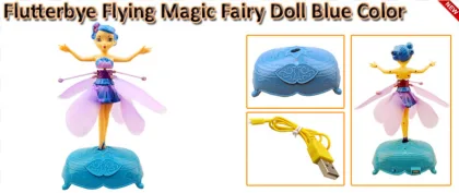 A blue Flutterby Flying Magic Fairy Doll toy on a transparent background.