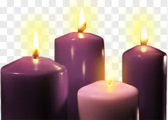 Four glowing purple advent candles burn with bright flames on a transparent background.