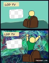 A funny transparent PNG cartoon showing the difference between watching an LCD TV and an LSD TV meme.