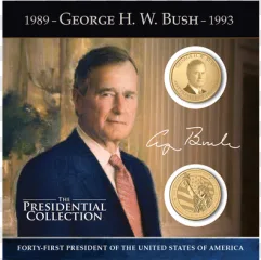 A portrait of George HW Bush with presidential collection coins and signature on a transparent background.