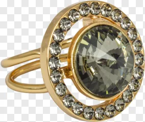 A gold ring with a large central crystal and a halo of smaller stones on a transparent background.