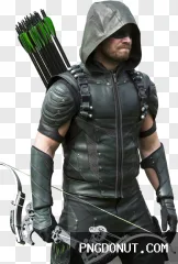 Green Arrow superhero archer standing with bow and arrows in a green and black hooded costume, transparent PNG.