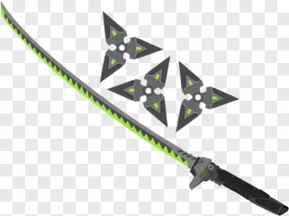 A green katana and three shuriken on a transparent background.