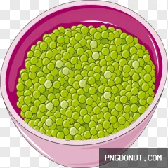Cartoon green peas pink bowl transparent PNG vector for healthy vegetable designs.