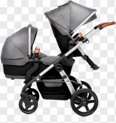 A grey double stroller with a leather handle on a transparent background.