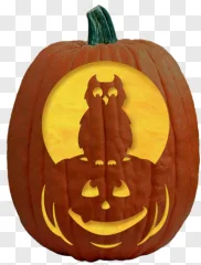 A carved orange pumpkin with an owl face design on a transparent background.
