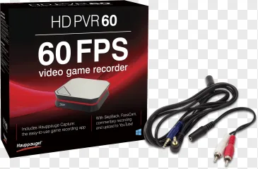 HD PVR 60 video game recorder box and cables on a transparent background.