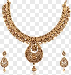 Traditional Indian gold necklace and earring set shown on a transparent background.