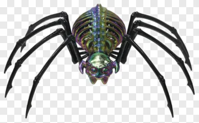 An iridescent skeleton spider with a metallic body and glowing legs on a transparent background.