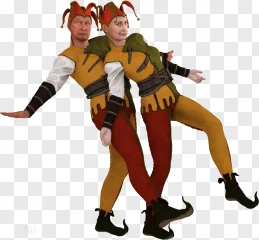 A duo of jesters in medieval costumes posing together on a transparent background.