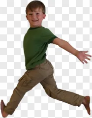 Jumping boy in a green shirt and khaki pants shown on a transparent background.