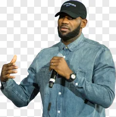 LeBron James speaking into a microphone on a transparent background.