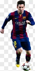 Lionel Messi dribbling a football in a Barcelona kit on a transparent background.