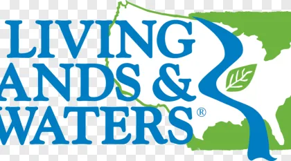 Living Lands and Waters logo featuring a blue text and green map on a transparent background.