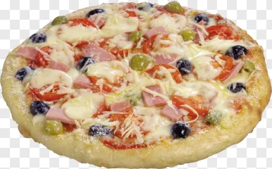 A loaded pizza with ham, blueberries, and mozzarella on a transparent background.
