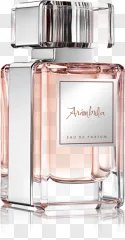A luxury perfume bottle with a silver cap stands on a transparent background.