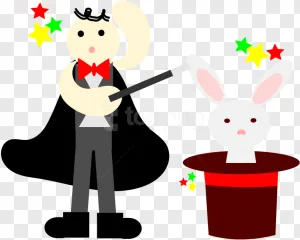 A cartoon magician pulling a rabbit from a top hat on a transparent background.