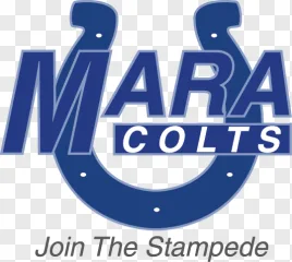 A blue and white Mara Colts horse team logo on a transparent background.