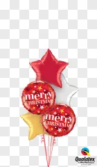 A festive bouquet of red, white, and gold star-shaped balloons with a Merry Christmas greeting on a transparent background.