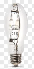 A clear metal halide light bulb with a silver screw base on a transparent background.
