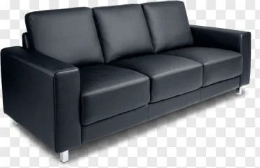 A modern black leather sofa on a transparent background.