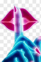 A glowing neon sign of a finger over lips in blue and pink shown on a transparent background.