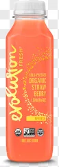 A plastic bottle of organic strawberry lemonade shown on a transparent background.