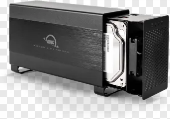 OWC Mercury Elite Pro Dual hard drive enclosure on a transparent background.